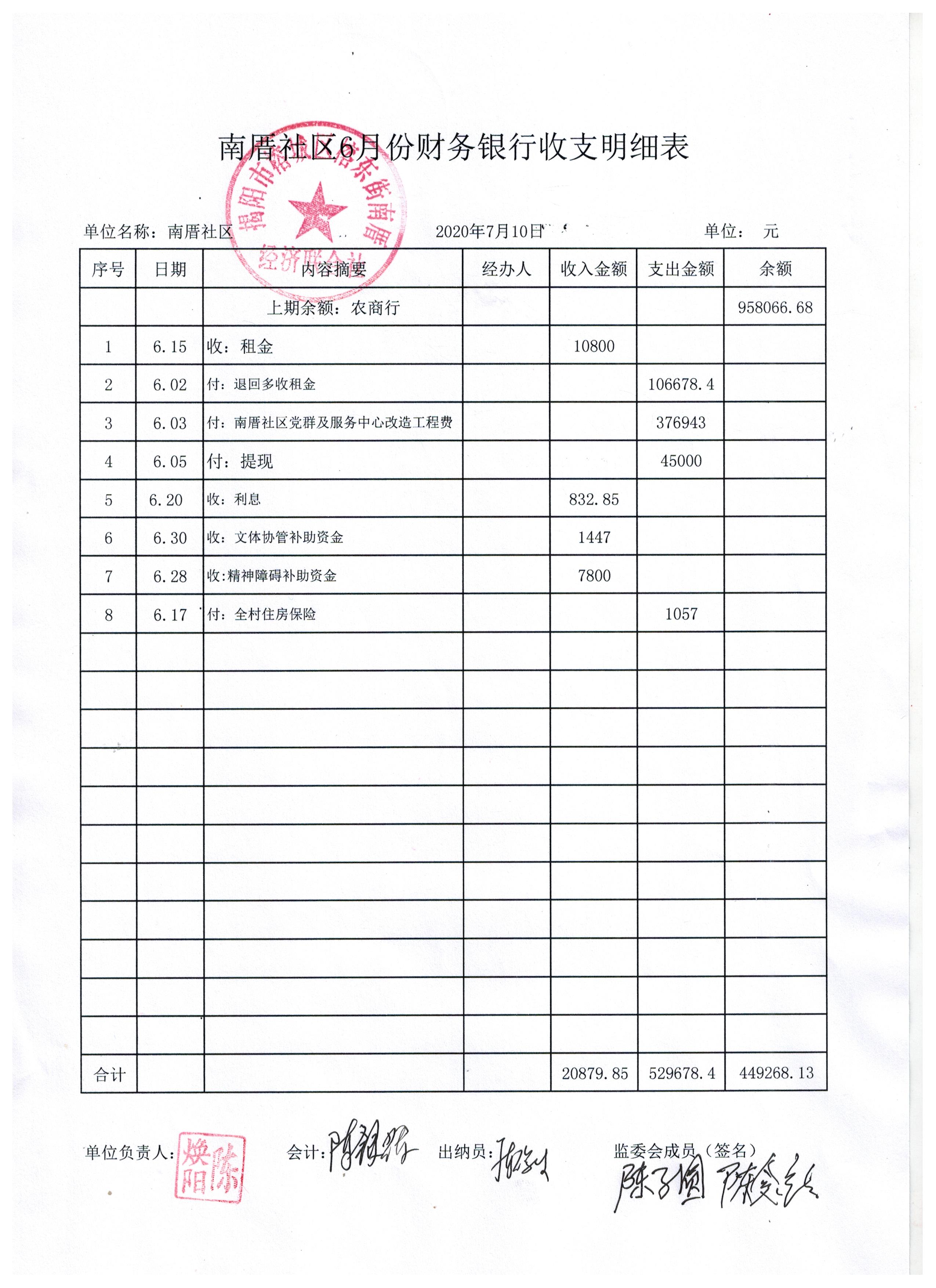6月份财务农业银行收支明细表